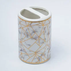 Ceramic Cylindrical Bathroom Set Of 4 - Geometric Pattern, Bath Accessories