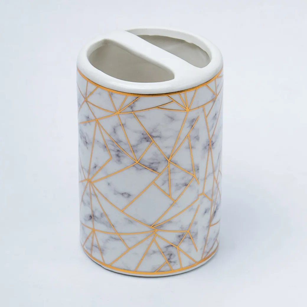 Ceramic Cylindrical Bathroom Set Of 4 - Geometric Pattern, Bath Accessories