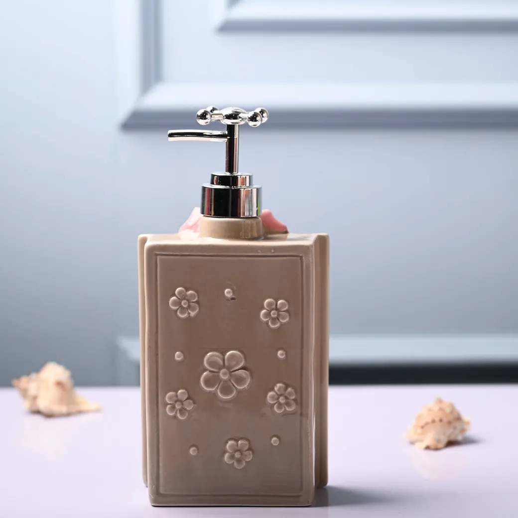 Ceramic Light Brown Rectangle Soap Dispenser - Happy Day Print Matte Finish