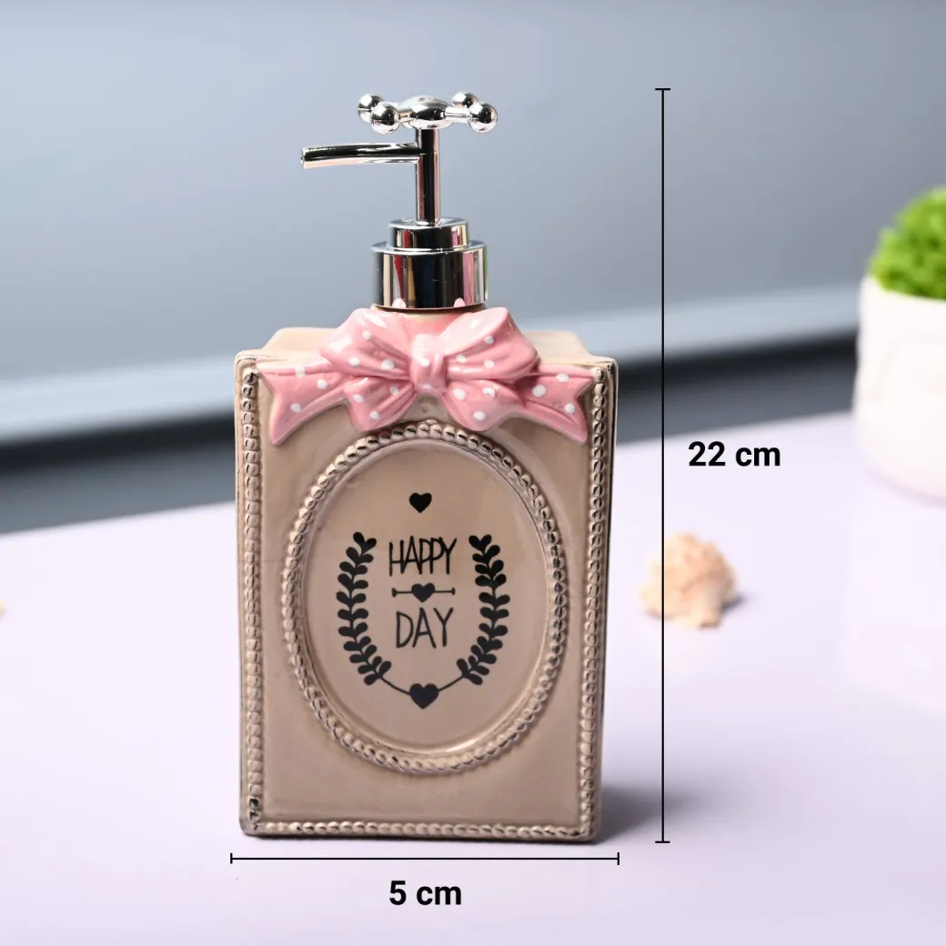 Ceramic Light Brown Rectangle Soap Dispenser - Happy Day Print Matte Finish