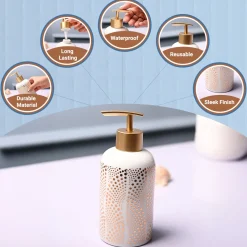 Ceramic Off White Cylindrical Soap Dispenser - Dot Design Glossy Finish
