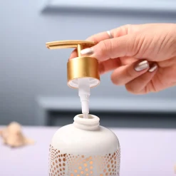 Ceramic Off White Cylindrical Soap Dispenser - Dot Design Glossy Finish