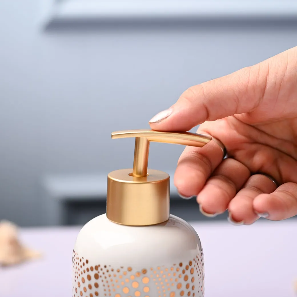 Ceramic Off White Cylindrical Soap Dispenser - Dot Design Glossy Finish