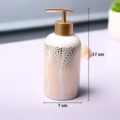 Ceramic Off White Cylindrical Soap Dispenser - Dot Design Glossy Finish