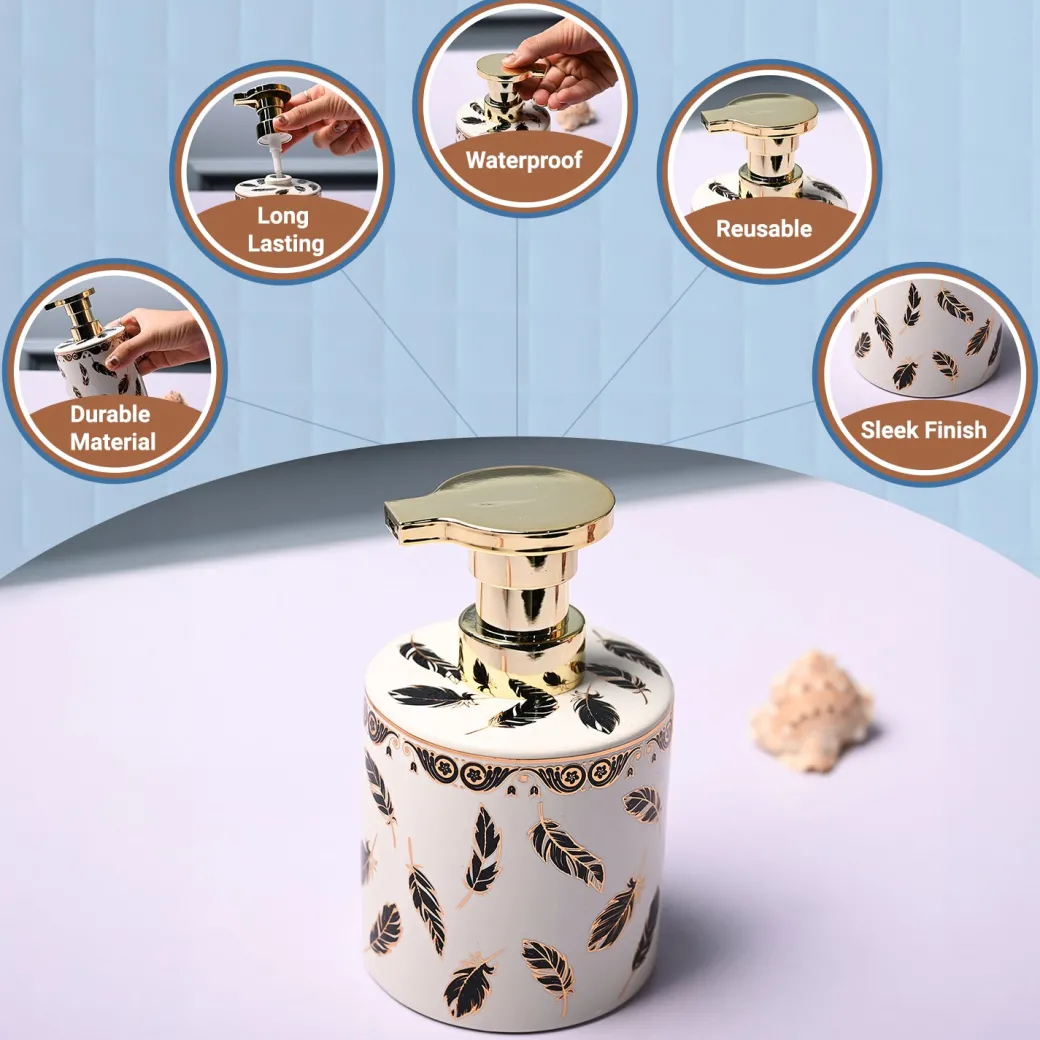 Ceramic Off White Cylindrical Soap Dispenser - Leaf Design Glossy Finish