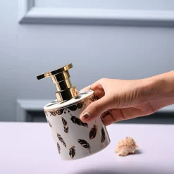 Ceramic Off White Cylindrical Soap Dispenser - Leaf Design Glossy Finish