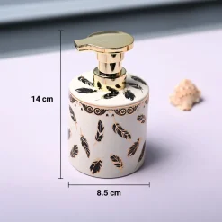 Ceramic Off White Cylindrical Soap Dispenser - Leaf Design Glossy Finish