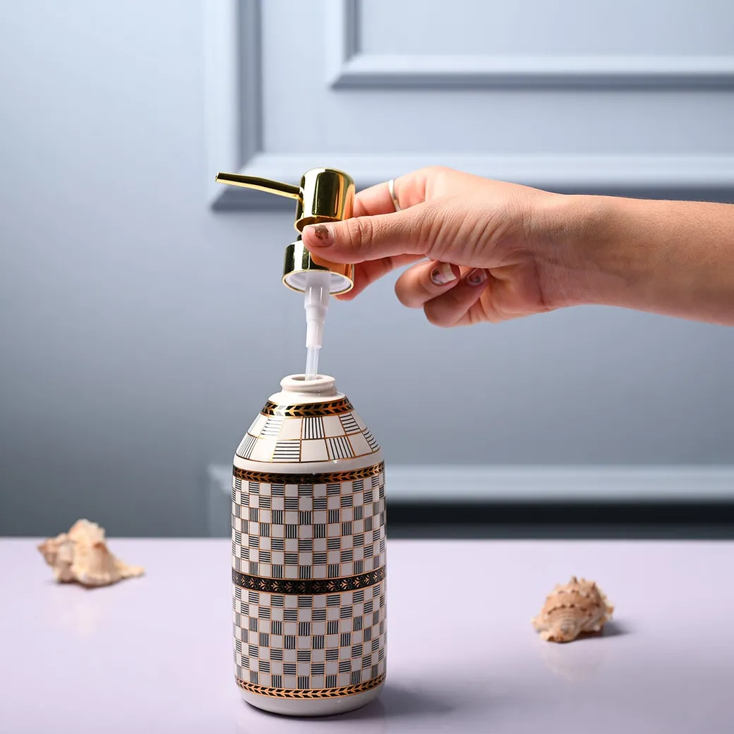 Ceramic Off White Cylindrical Soap Dispenser - Geometrical Glossy Finish