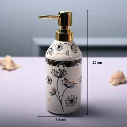 Ceramic Off White Cylindrical Soap Dispenser - Flower Design Glossy Finish