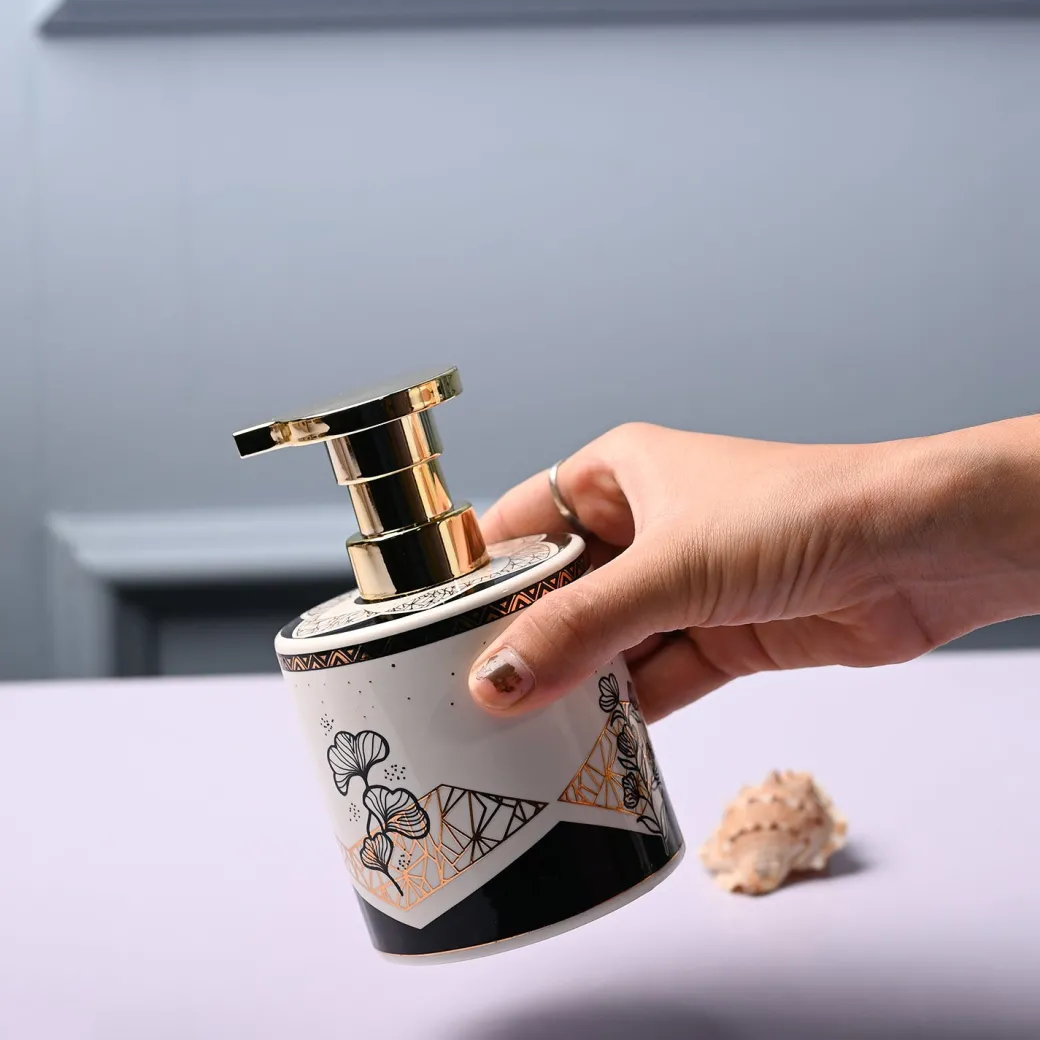 Ceramic Off White Cylindrical Soap Dispenser - Print Design Glossy Finish