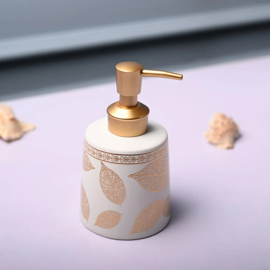 Ceramic Off White Cylindrical Soap Dispenser - Leaf Print Matte Finish