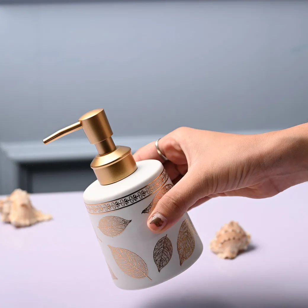 Ceramic Off White Cylindrical Soap Dispenser - Leaf Print Matte Finish