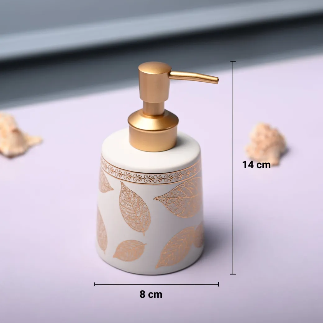 Ceramic Off White Cylindrical Soap Dispenser - Leaf Print Matte Finish