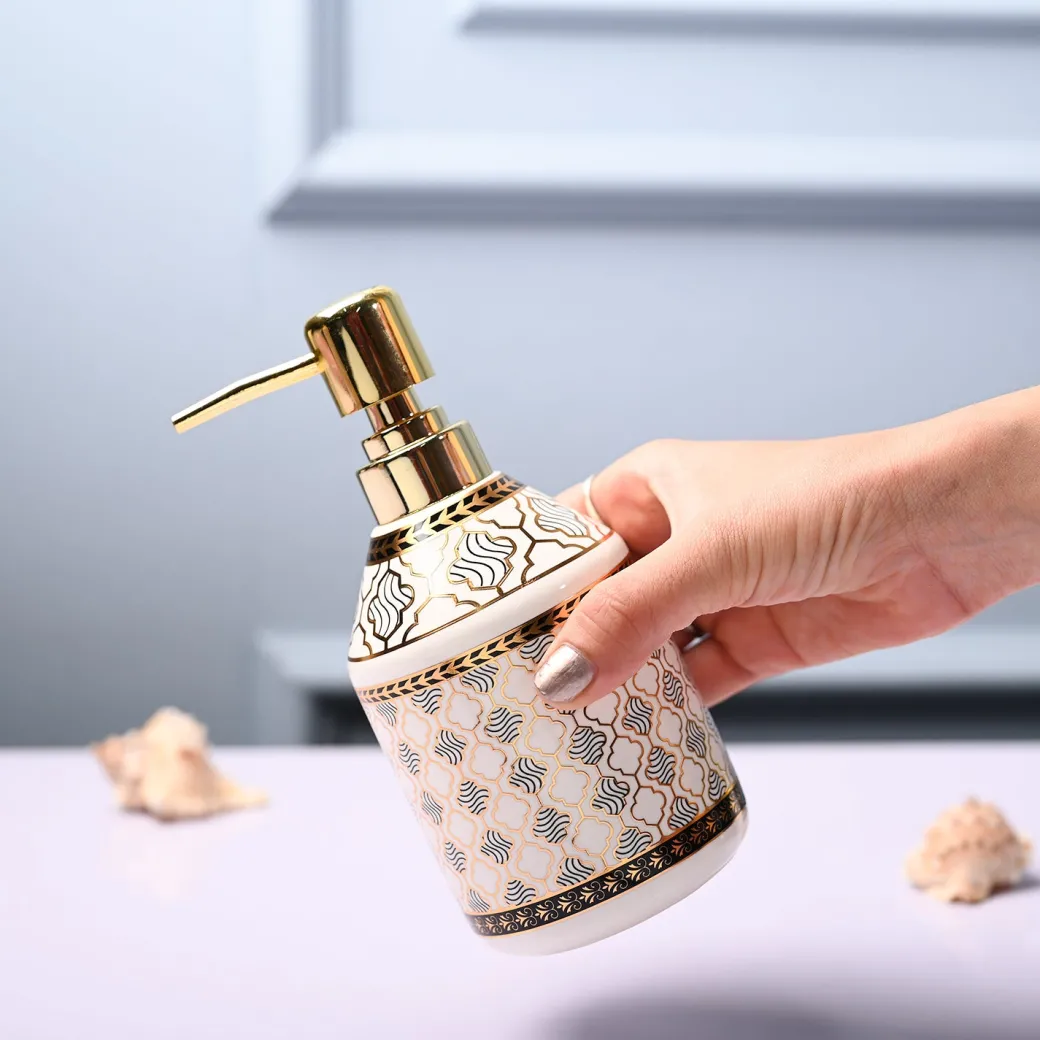 Ceramic Off White Cylindrical Soap Dispenser - Geometrical Glossy