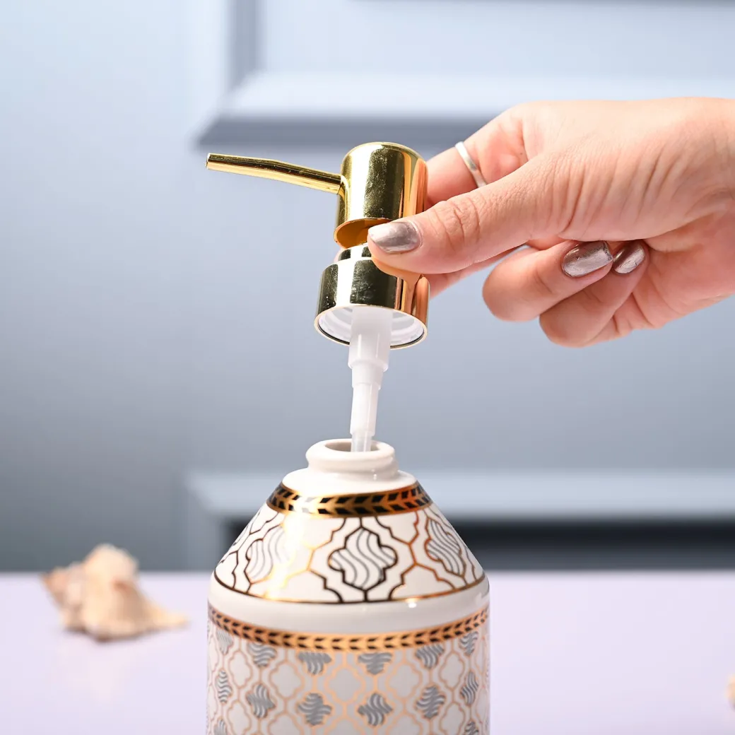 Ceramic Off White Cylindrical Soap Dispenser - Geometrical Glossy