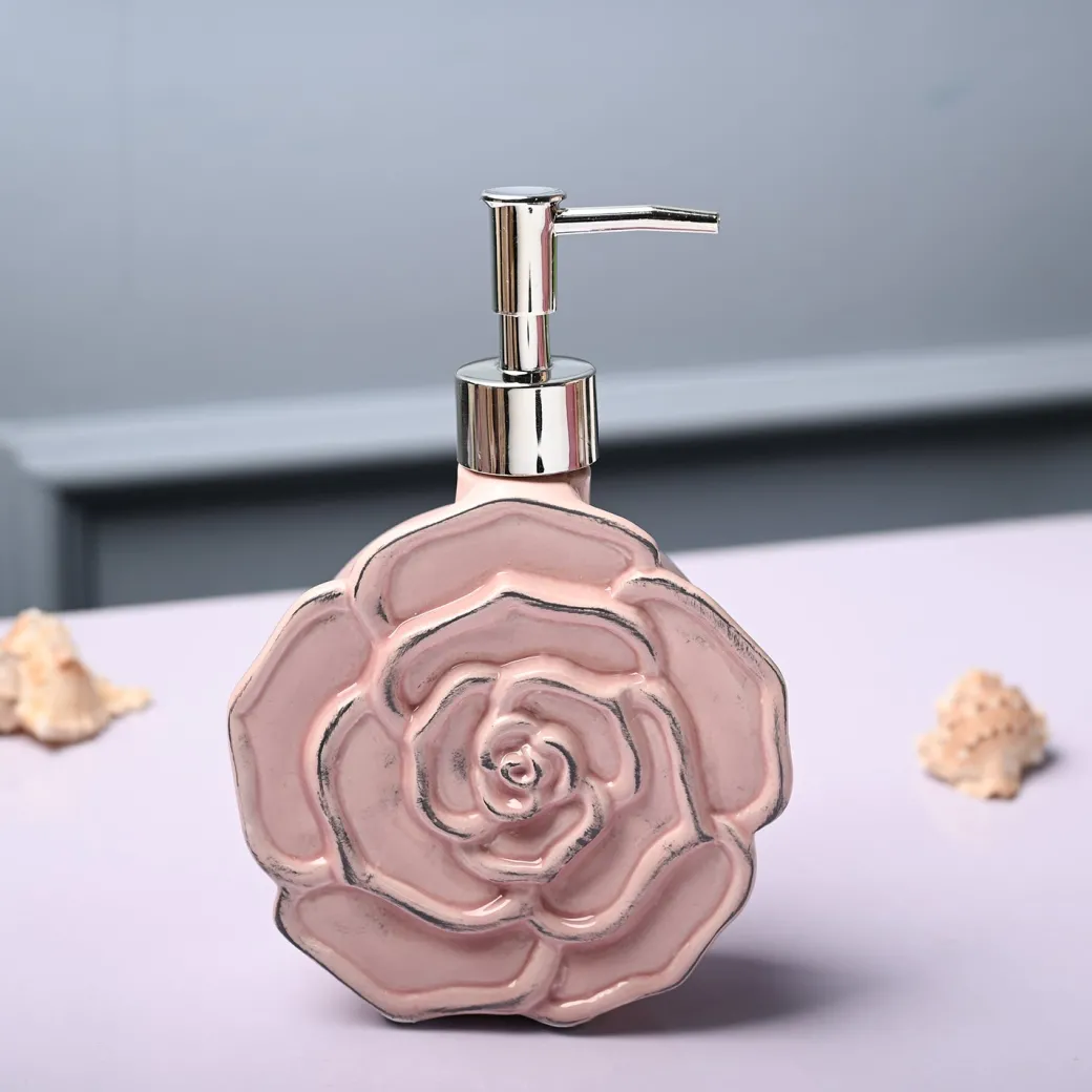 Ceramic Pink Rose Shaped Soap Dispenser - Flower Design Matte Finish