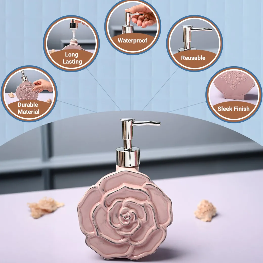 Ceramic Pink Rose Shaped Soap Dispenser - Flower Design Matte Finish
