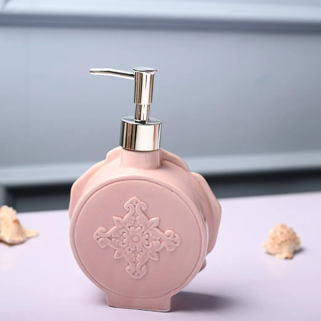 Ceramic Pink Rose Shaped Soap Dispenser - Flower Design Matte Finish