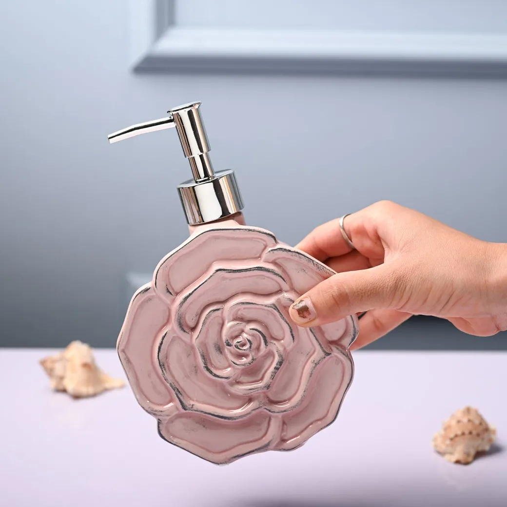Ceramic Pink Rose Shaped Soap Dispenser - Flower Design Matte Finish