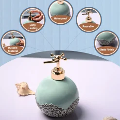 Ceramic Teal Green Round Soap Dispenser - Embossed Glossy Finish