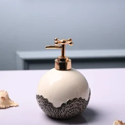 Ceramic White Round Soap Dispenser - Embossed Glossy Finish