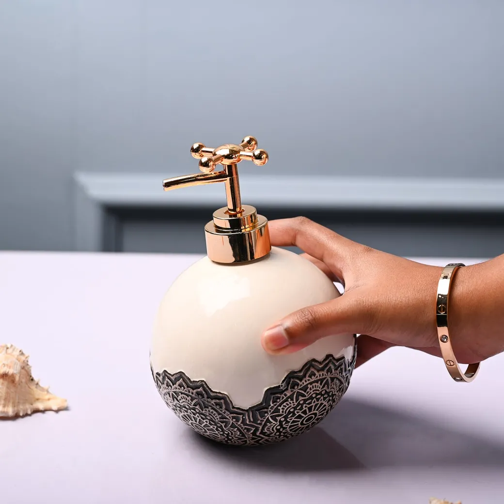 Ceramic White Round Soap Dispenser - Embossed Glossy Finish
