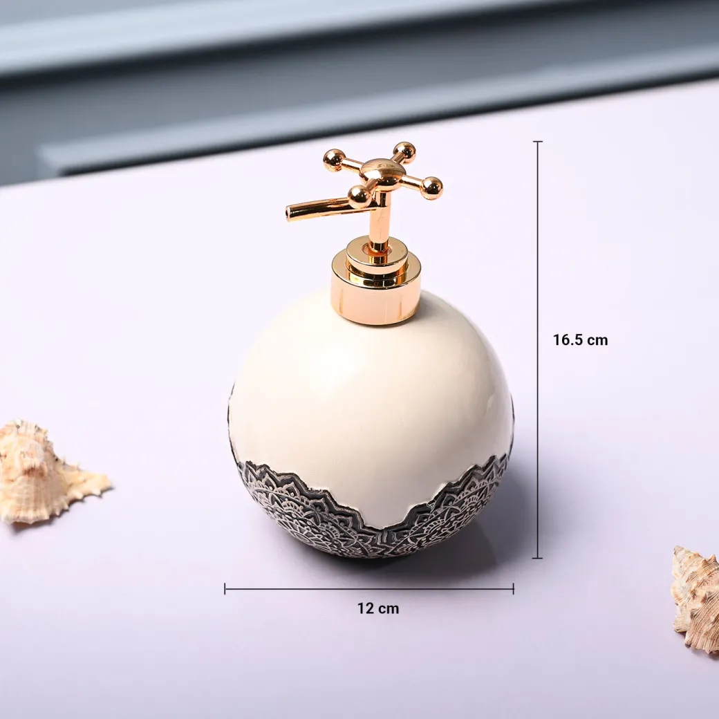 Ceramic White Round Soap Dispenser - Embossed Glossy Finish