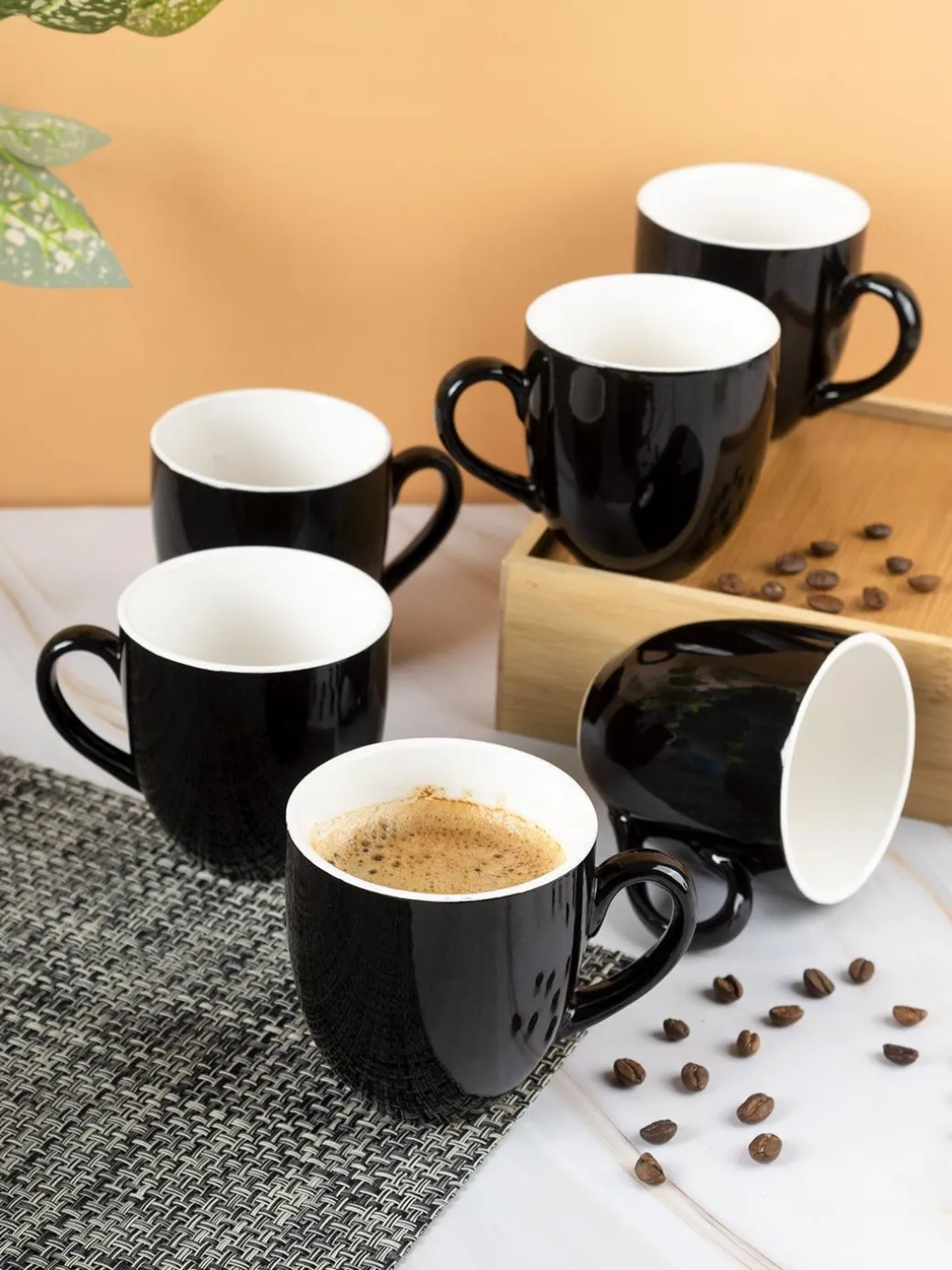 Coffee Mug Set, Handmade, Classic Mug, Black & White Colour, Ceramic, Set of 6, 220 mL