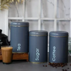 Coffee, Tea & Sugar - Metal Jar Set Of 3, Grey Color, 1450Ml