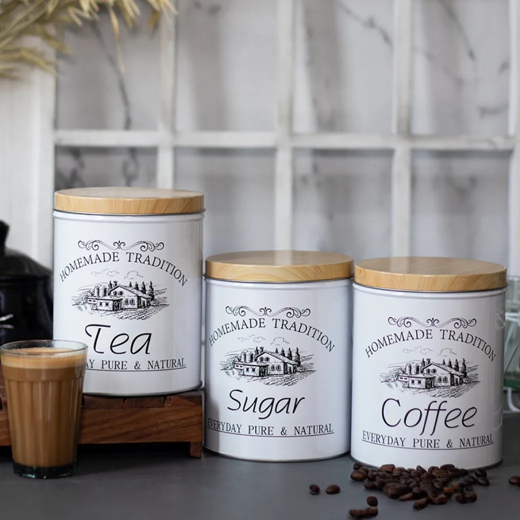 Coffee, Tea & Sugar - Metal Jar Set Of 3, Cylindrical & 1600Ml,