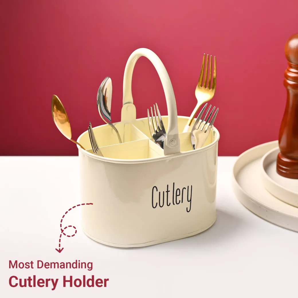 Cutlery & Ladle Holder Set – Plain White | Galvanised Iron, Glossy Finish