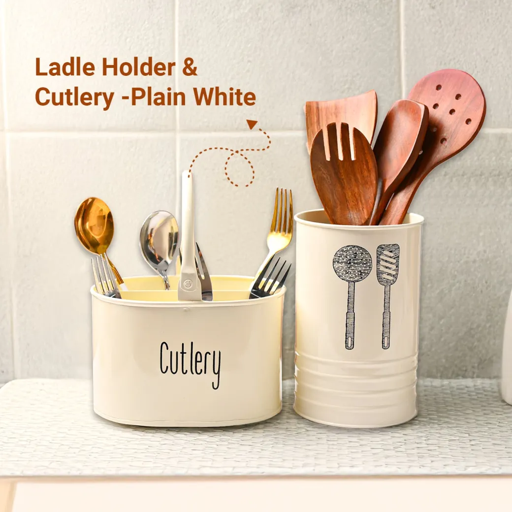 Cutlery & Ladle Holder Set – Plain White | Galvanised Iron, Glossy Finish