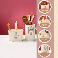 Cutlery & Ladle Holder Set – Ivory | Plain Design, Glossy Finish