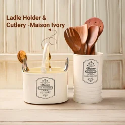 Cutlery & Ladle Holder Set – Ivory | Plain Design, Glossy Finish