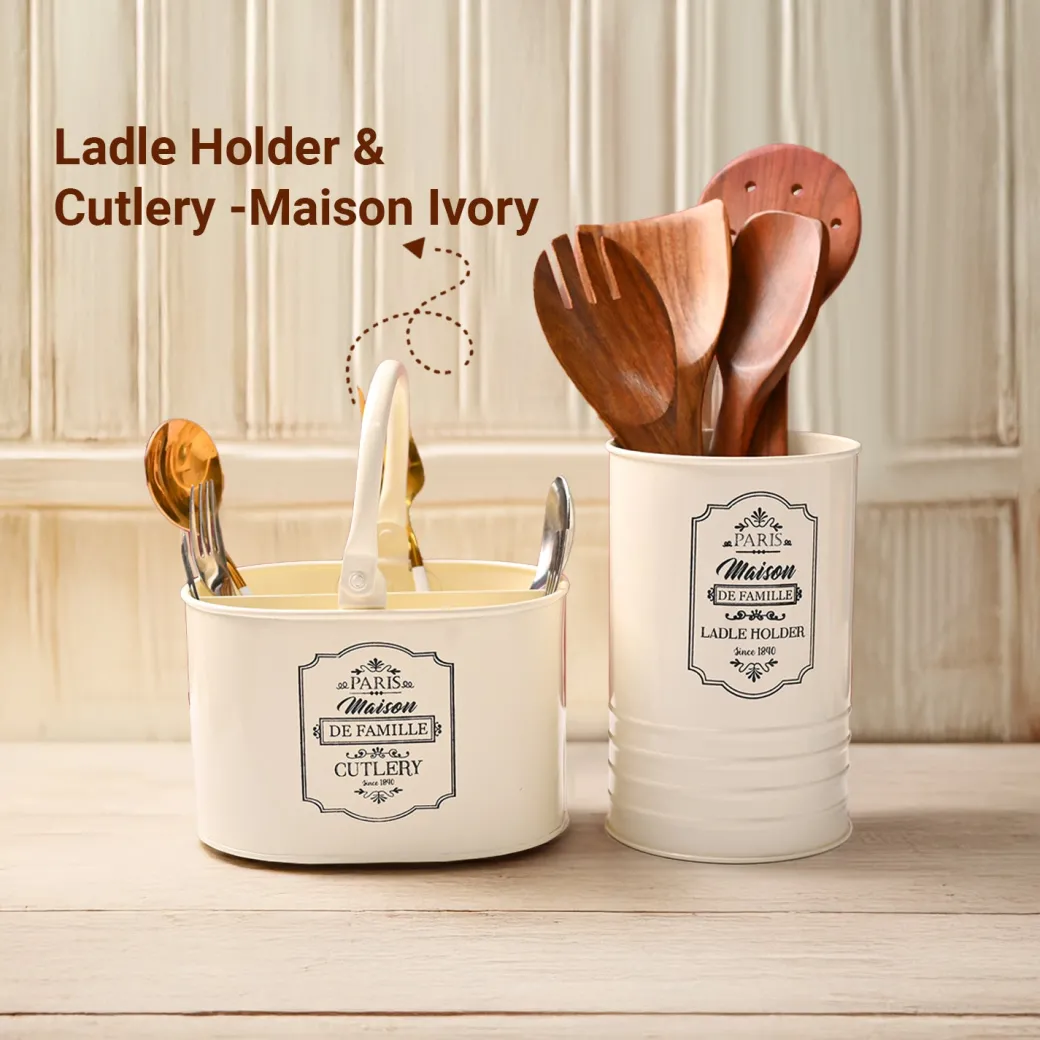 Cutlery & Ladle Holder Set – Ivory | Plain Design, Glossy Finish