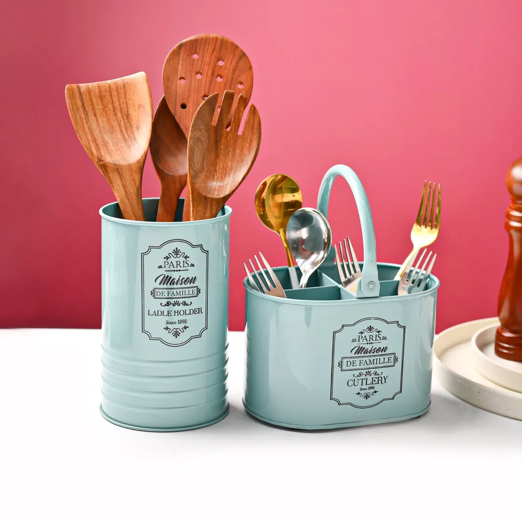 Cutlery & Ladle Holder Set – Green | Plain Design, Glossy Finish