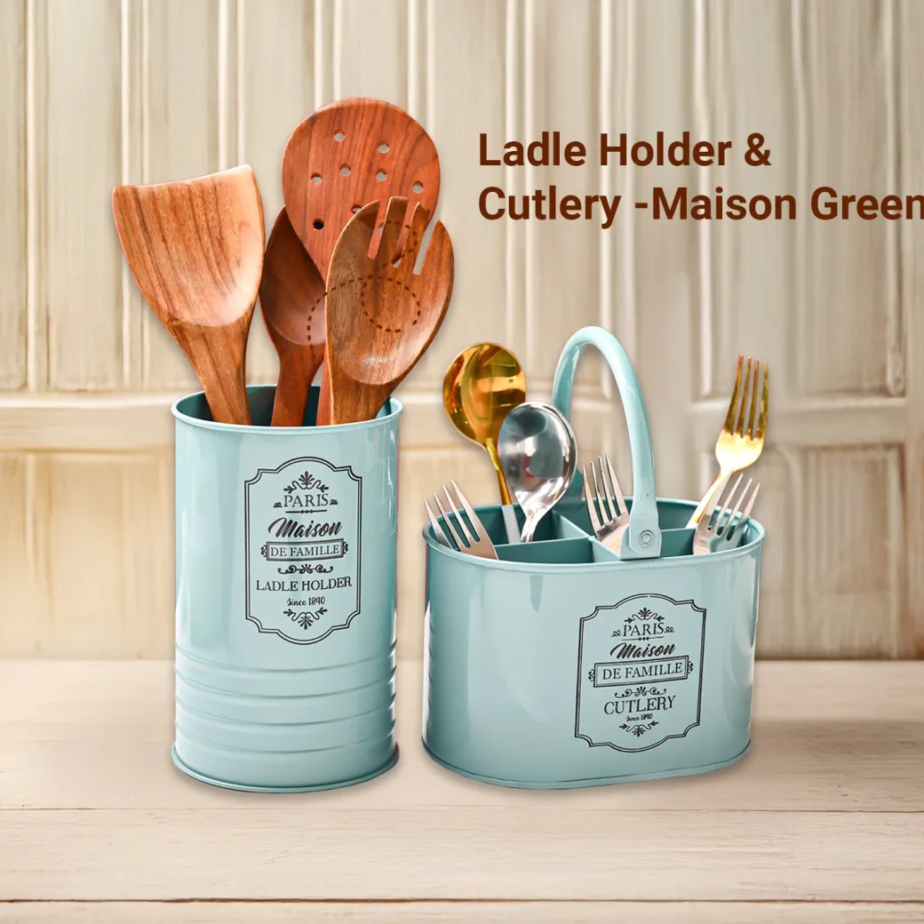 Cutlery & Ladle Holder Set – Green | Plain Design, Glossy Finish