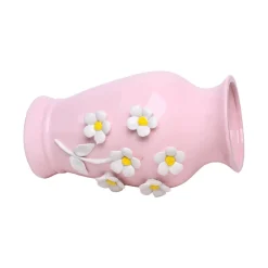 Dark Pink Ceramic Curvy Vase - Engraved Floral Pattern, Flower Holder