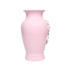 Dark Pink Ceramic Curvy Vase - Engraved Floral Pattern, Flower Holder