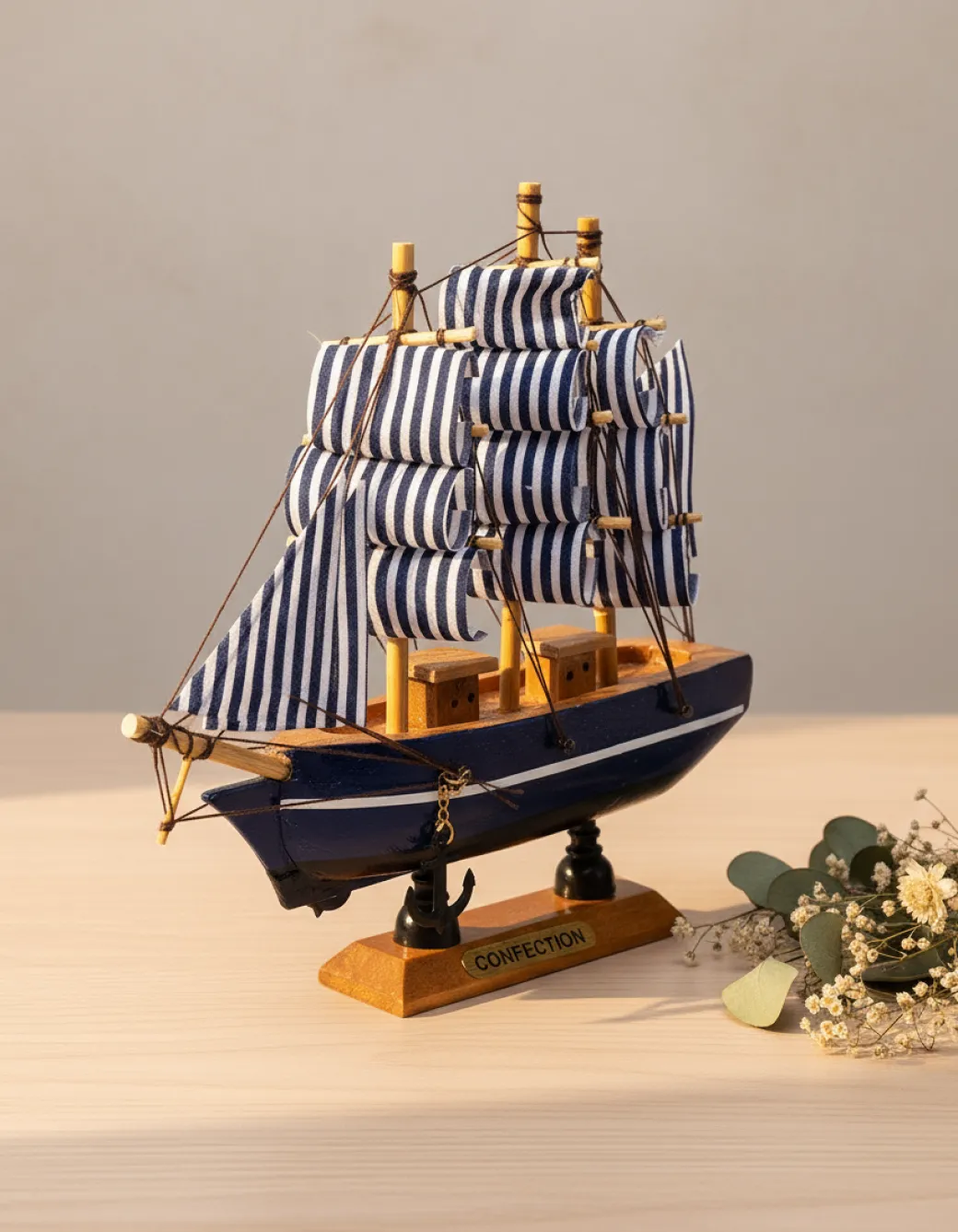 Decorative Boat, Handcrafted Wood, For Home & Office Décor, Antique Finish, Blue, Wood