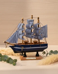 Decorative Boat, Handcrafted Wood, For Home & Office Décor, Antique Finish, Blue, Wood