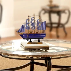 Decorative Boat, Handcrafted Wood, For Home & Office Décor, Antique Finish, Blue, Wood