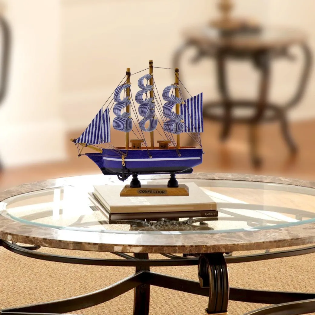 Decorative Boat, Handcrafted Wood, For Home & Office Décor, Antique Finish, Blue, Wood