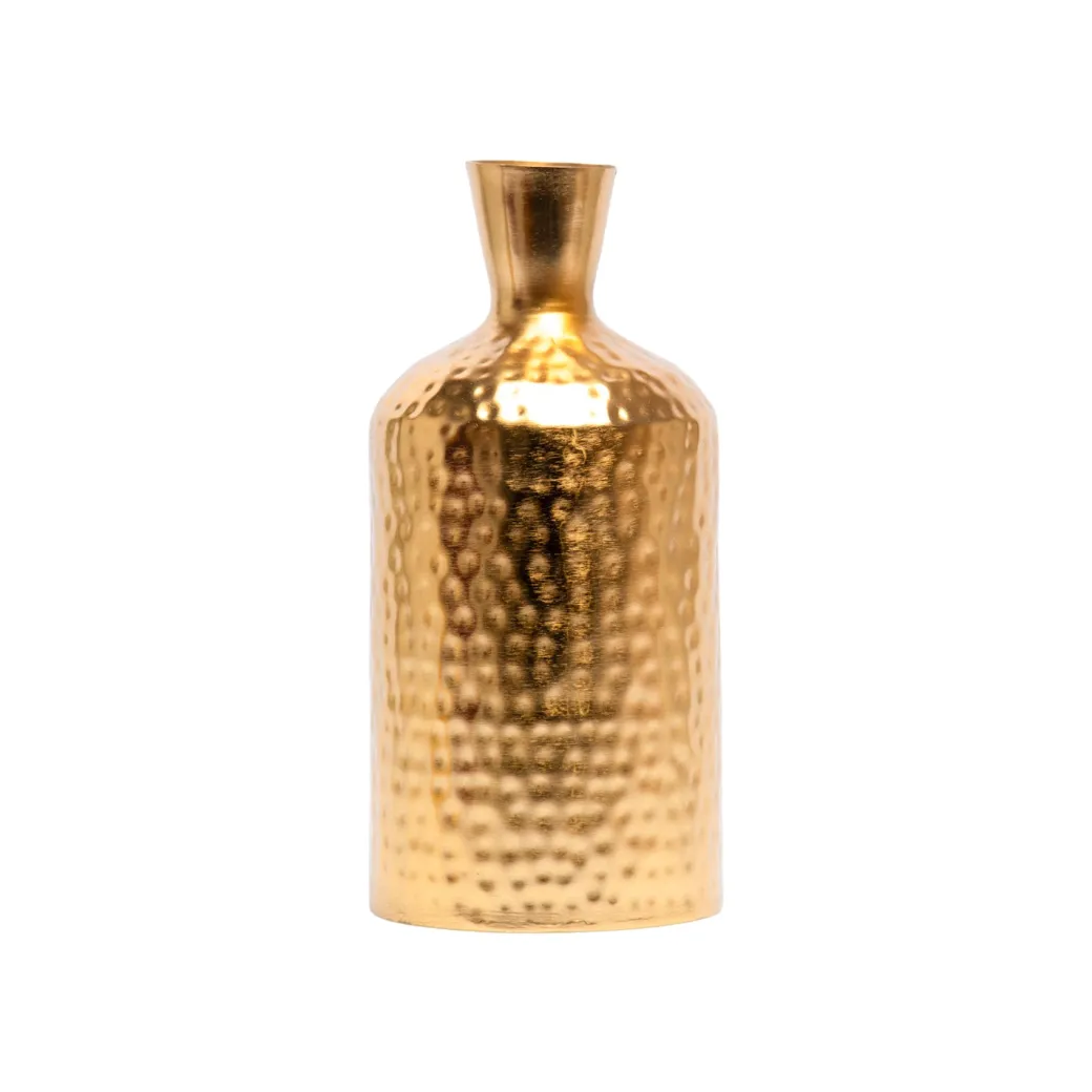 Decorative Golden Hammered Flower Vase - Cylinderical Shape
