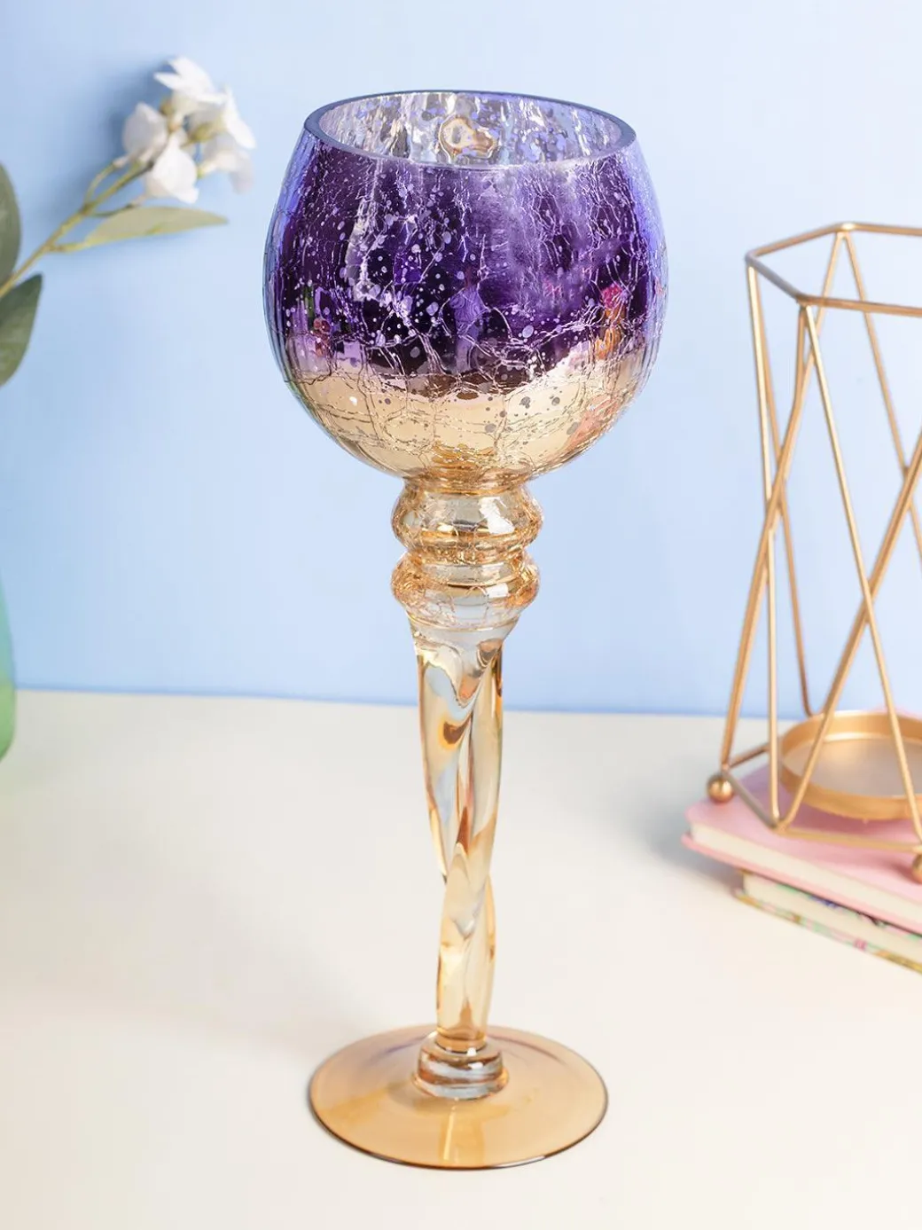 Decorative Purple Tined Glass Candlestick Holders