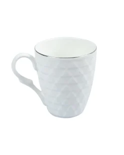 Diamond Textured Ceramic Coffee Mug With Golden Ring Corner (Cream White, 330 mL)