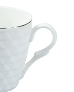 Diamond Textured Ceramic Coffee Mug With Golden Ring Corner (Cream White, 330 mL)