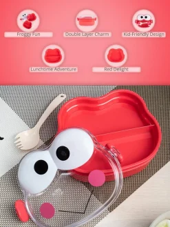 Double Layer Frog Shape Lunch Box for Kids With Spoon, Red, Plastic