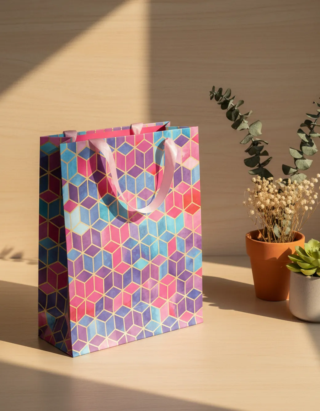 Gift Bag, 3D Tile Print, Small, Paper Bag, Multicolor, Paper, Set of 3