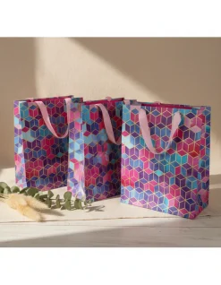 Gift Bag, 3D Tile Print, Small, Paper Bag, Multicolor, Paper, Set of 3